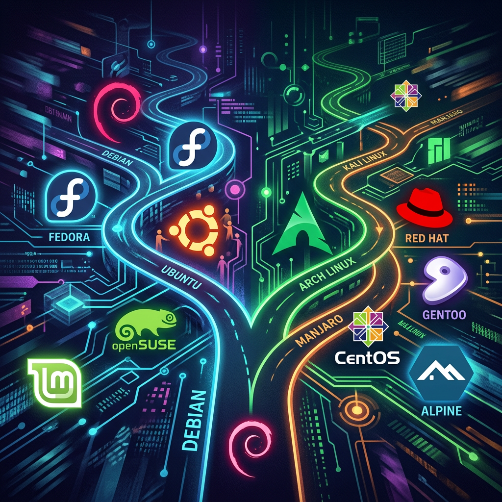 Logos of major Linux distributions arranged on branching paths from Debian and Arch Linux