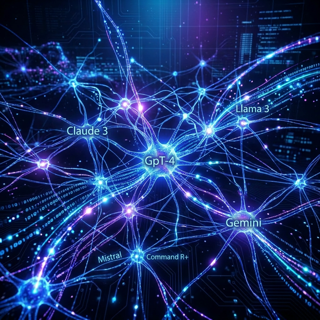 Network of glowing blue and purple neurons interconnected with digital data streams